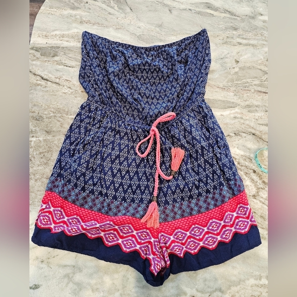 Rue 21 Strapless Print Romper Short Set Blue Red With Pockets! sz M